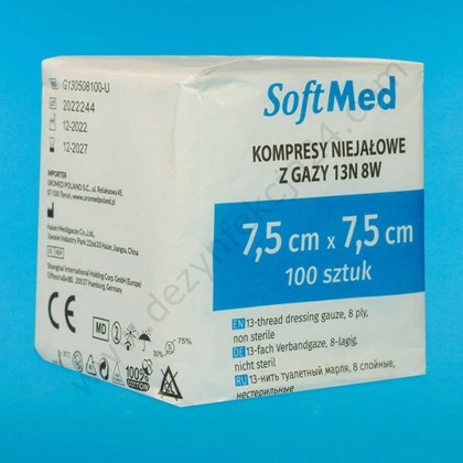 Kompresy gazowe 17. nitkowe 8. warst. 7,5 x 7,5 cm (100 szt.) - SoftMed