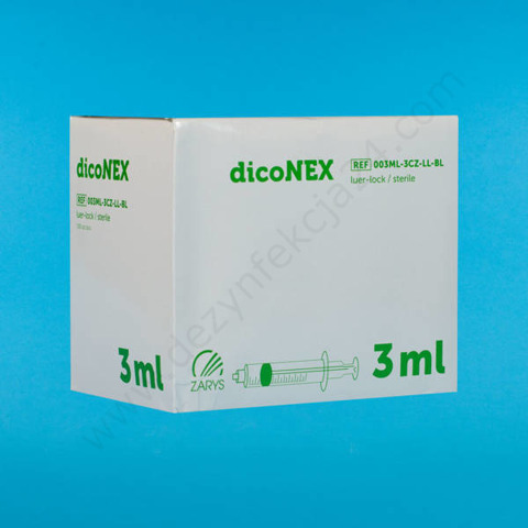 Strzykawka trzyczęściowa 3 ml LL, zielony tłok (100 szt.) - dicoNEX
